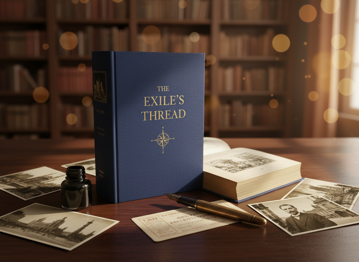 A historical novel, archival photographs, an ink bottle, and a fountain pen on a wooden table